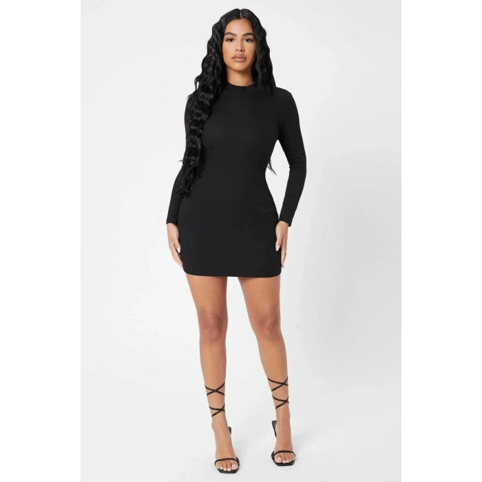 Kadın Siyah Kaşkorse Balıkçı Yaka Uzun Kollu Bodycon Mini Elbise Premium Şık Stil