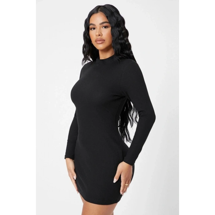 Kadın Siyah Kaşkorse Balıkçı Yaka Uzun Kollu Bodycon Mini Elbise Premium Şık Stil