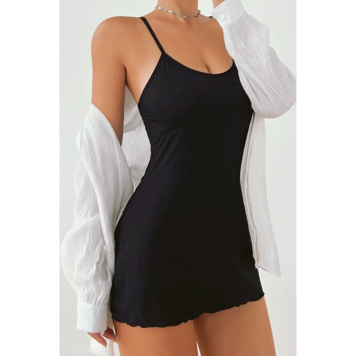 Kadın Siyah Kaşkorse Ince Askılı Şık Gecelik