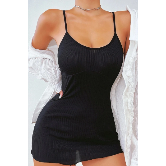 Kadın Siyah Kaşkorse Ince Askılı Şık Gecelik