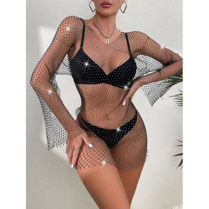 Kadın Siyah Kristal Taşlı File Kollu Kısa Elbise