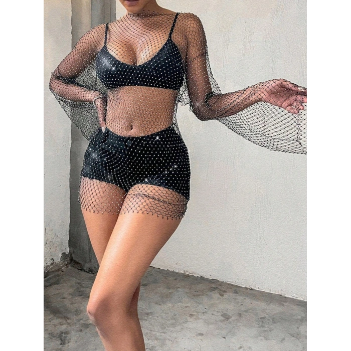 Kadın Siyah Kristal Taşlı File Kollu Kısa Elbise