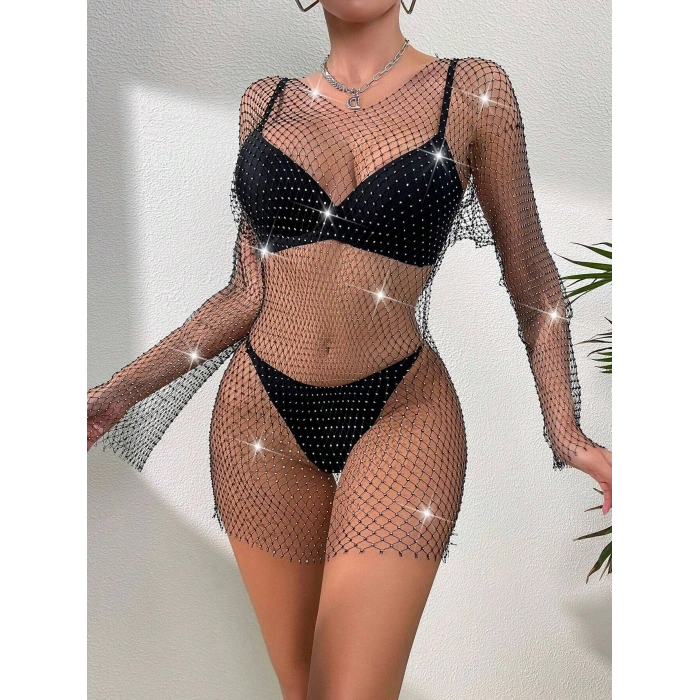 Kadın Siyah Kristal Taşlı File Kollu Kısa Elbise