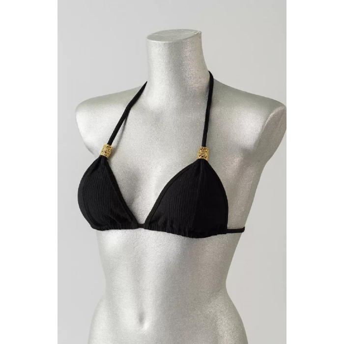 Kadın Siyah Pedli Üçgen Bikini Üstü Halter Bağlamalı Aksesuarlı