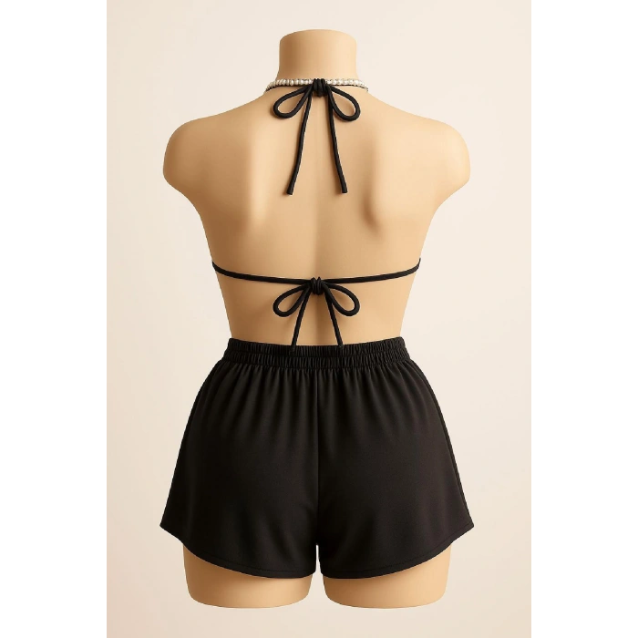 Kadın Siyah Şortlu Belden Ve Boyundan Bağlamalı Bikini Takımı