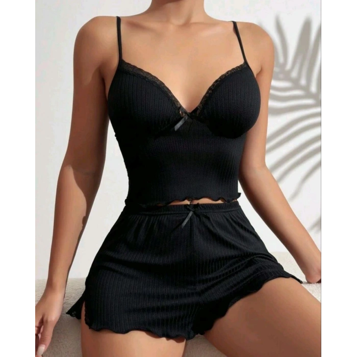 Kadın Siyah Şortlu Gecelik Takım 6639