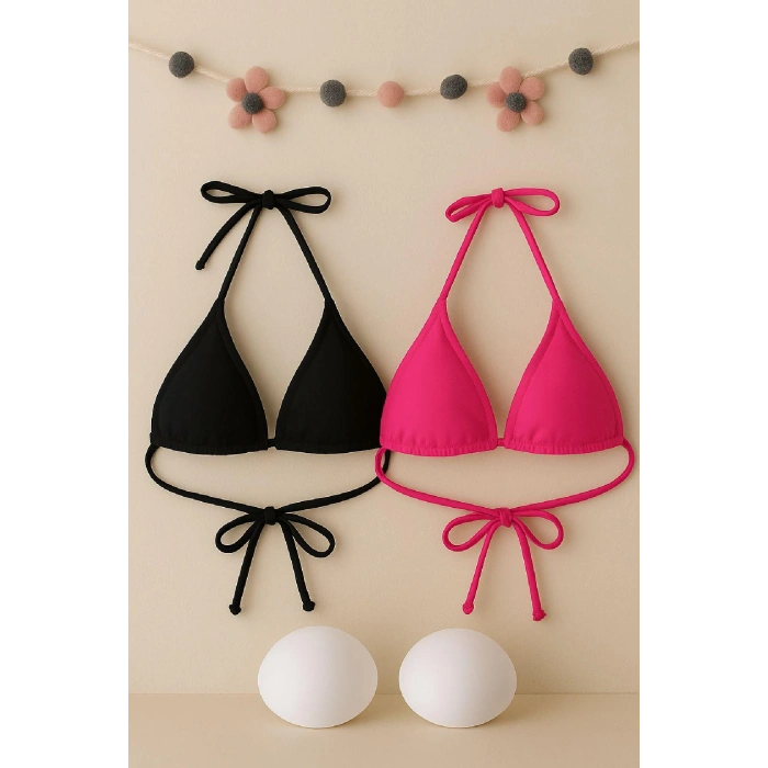 Kadın Siyah Ve Fuşya Minimal Kesim Üçgen Bikini Üstü