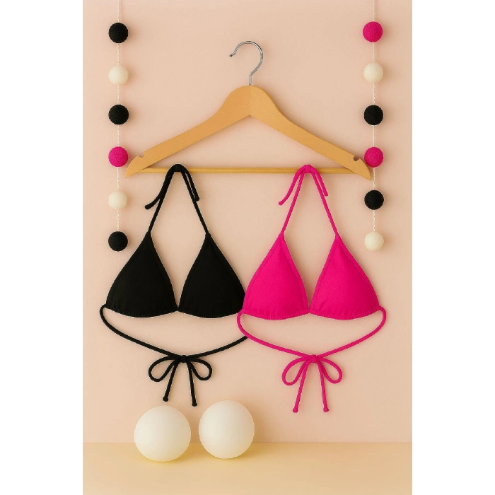 Kadın Siyah Ve Fuşya Minimal Kesim Üçgen Bikini Üstü