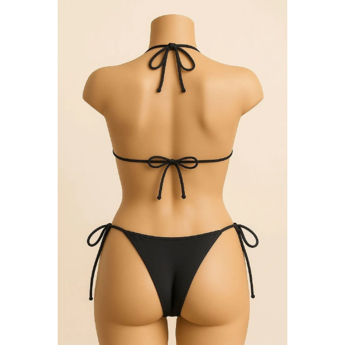 Kadın Siyah Yandan Ve Boyundan Bağlamalı Bikini Mayo Takımı