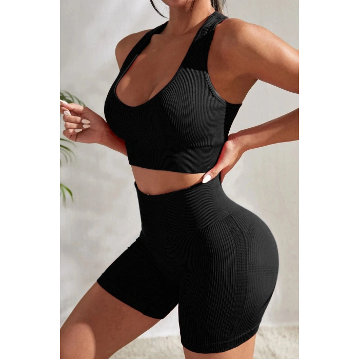 Kadın Siyah Yüksek Bel Çapraz Sırt Detaylı Şortlu Gecelik Takım