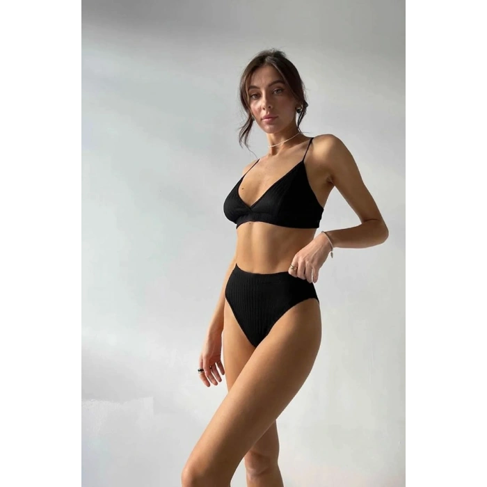 Kadın Siyah Yüksek Bel Slip Takımı Dolgusuz Rahat Şık İç Giyim Seti
