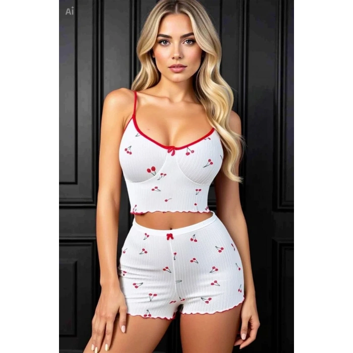 Kadın Vişne Motifli Dantel Askılı Şortlu Rahat Pijama Takımı