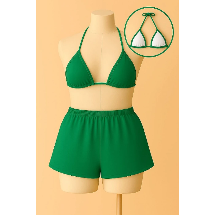 Kadın Yeşil Şortlu Belden Ve Boyundan Bağlamalı Bikini Takımı