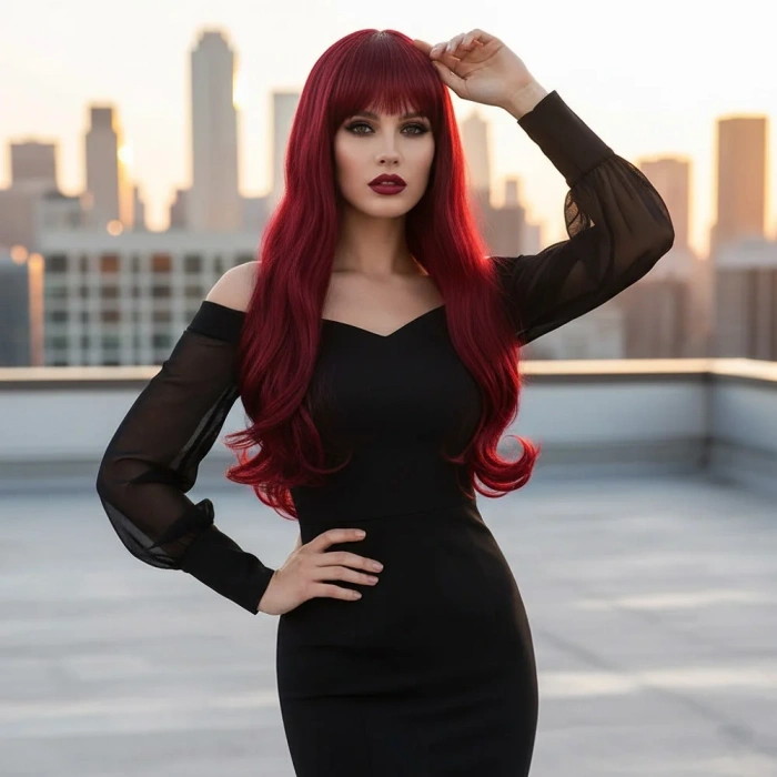 Kahküllü Uzun Dalgalı Fiber Sentetik Peruk - Kızıl