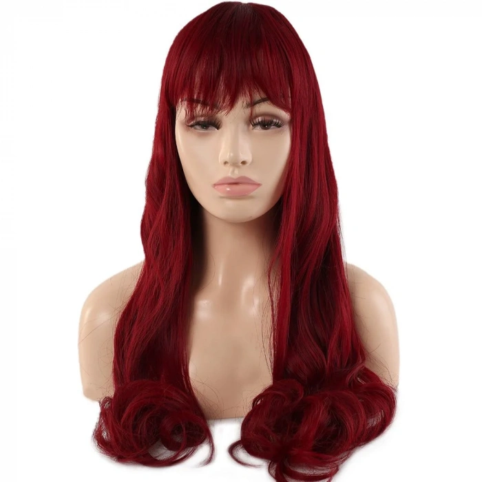 Kahküllü Uzun Dalgalı Fiber Sentetik Peruk - Kızıl