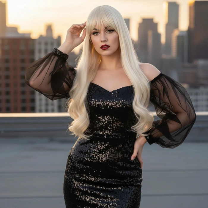 Kahküllü Uzun Dalgalı Fiber Sentetik Peruk - Platin