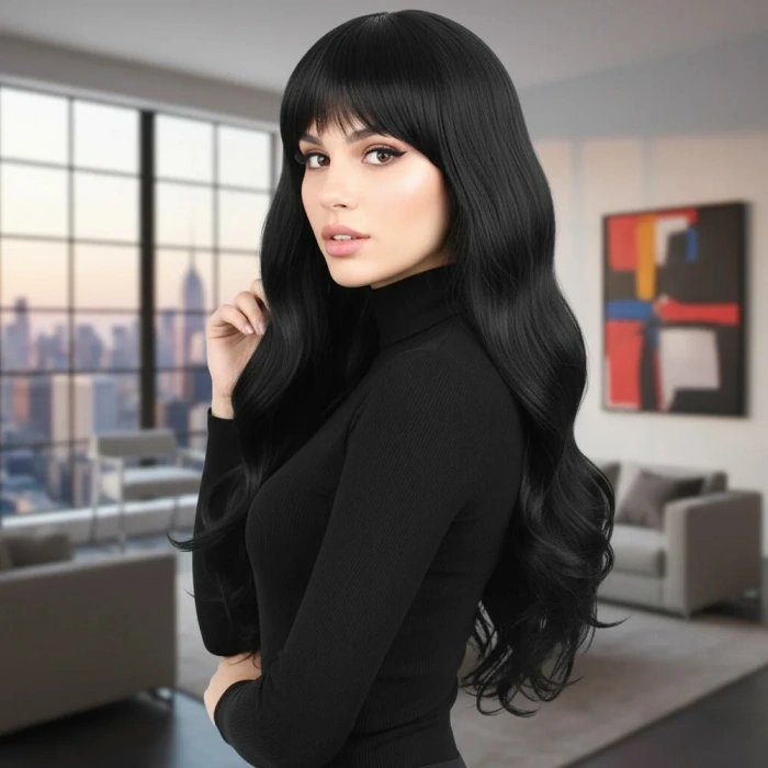 Kahküllü Uzun Dalgalı Fiber Sentetik Peruk - Siyah