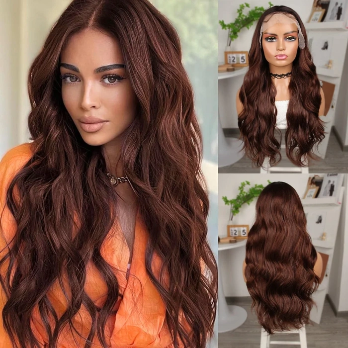 Kahve Karamel Geniş Dalgalı Fiber Sentetik Tül Peruk