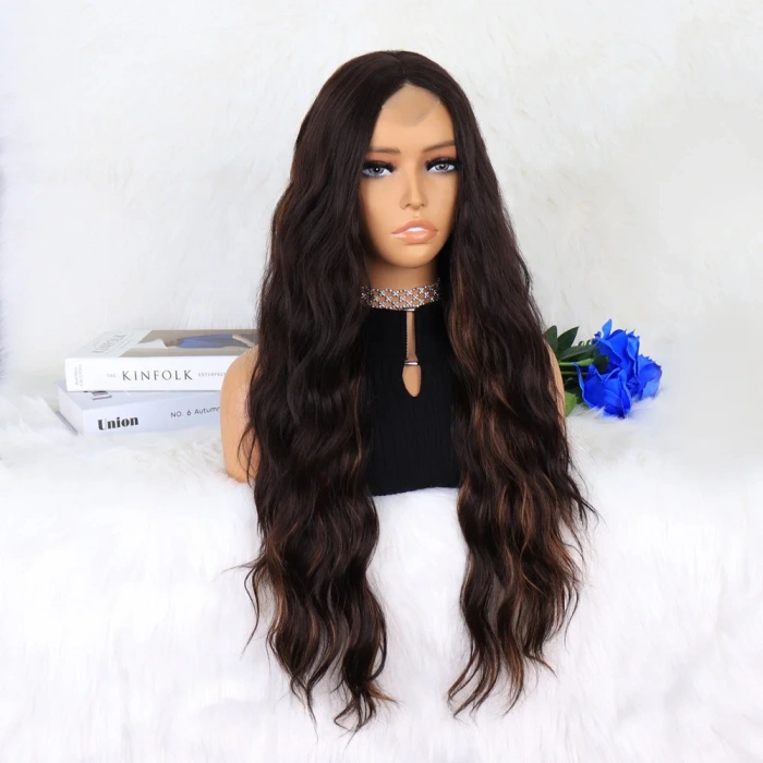 Kahverengi Karamel Işıltılı Su Dalgalı Fiber Sentetik Tül Peruk