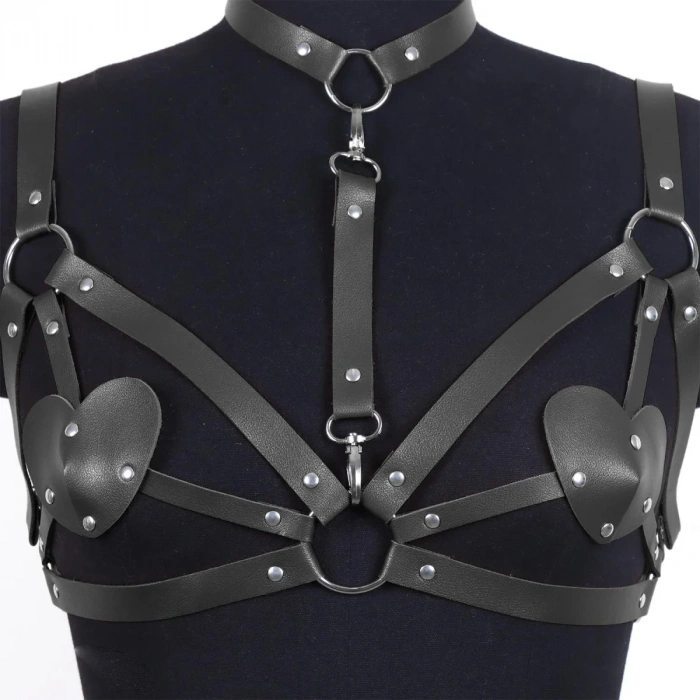 Kalp Detaylı Deri Vücut Harness Takımı Siyah