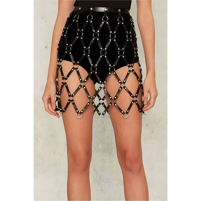 Kare Detaylı Şık Deri Harness Etek - APFT694