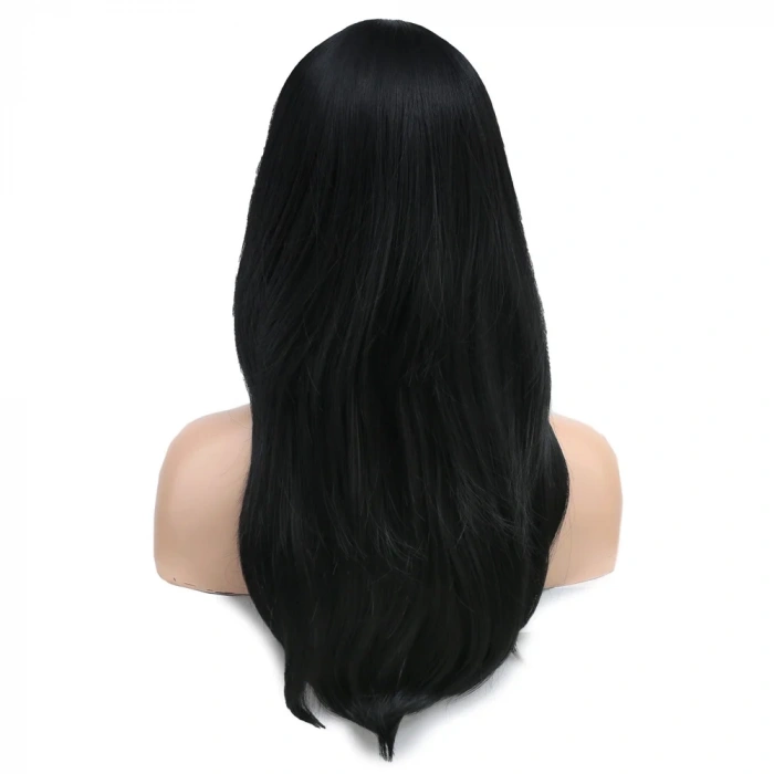 Katlı Kesim Perçemli Düz Fiber Sentetik Orta Boy Peruk - Siyah