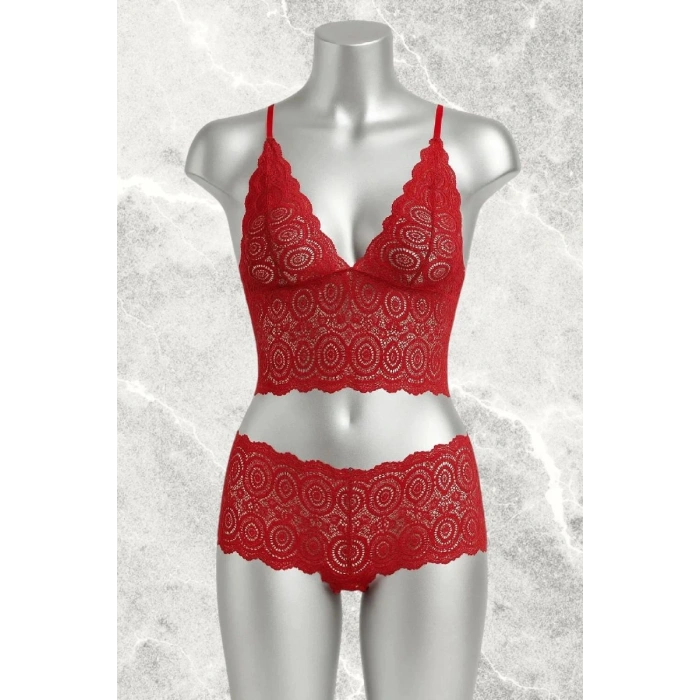 Kırmızı Dantel Bralet Şort Takımı Askılı Şık Kadın Ev Giyim