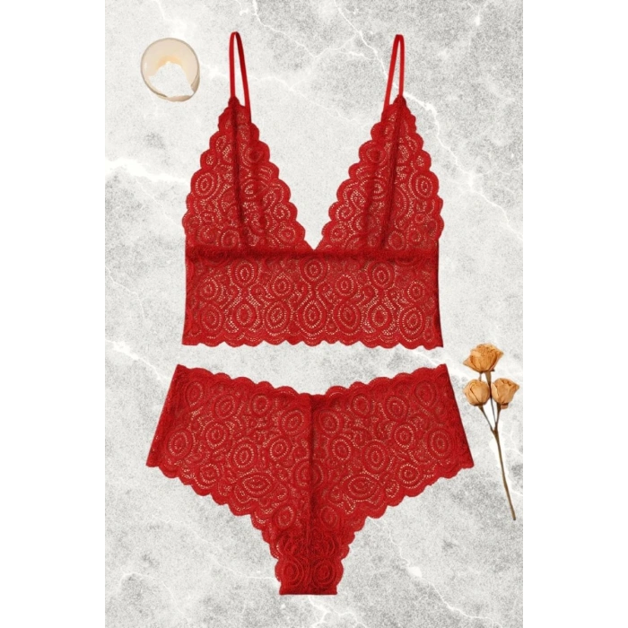 Kırmızı Dantel Bralet Şort Takımı Askılı Şık Kadın Ev Giyim