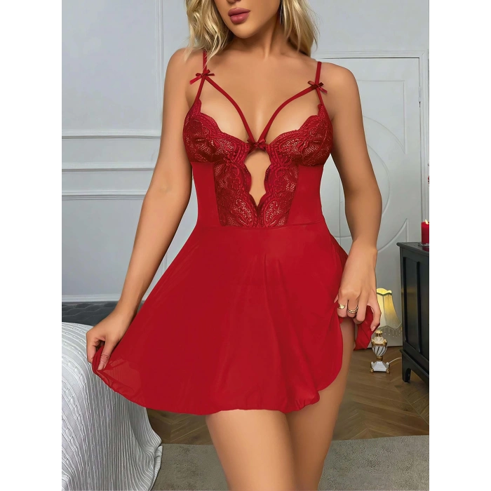 Kırmızı Dantel İşlemeli Göğüs İp Detaylı Fantezi Tül Gecelik Takımı