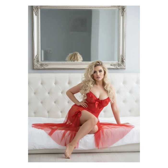 Kırmızı Dantelli Şifon Gecelik - 202