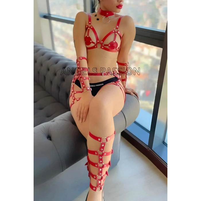 Kırmızı Deri Bacak ve Kol Harness Detaylı Takım