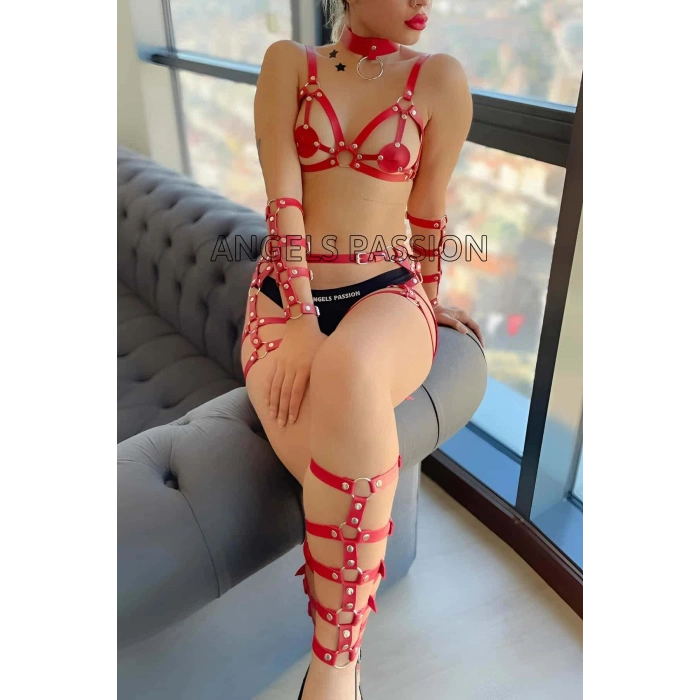 Kırmızı Deri Bacak Ve Kol Harness Detaylı Takım