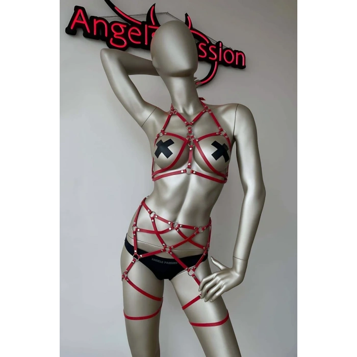 Kırmızı Deri Jartiyer Harness Takım