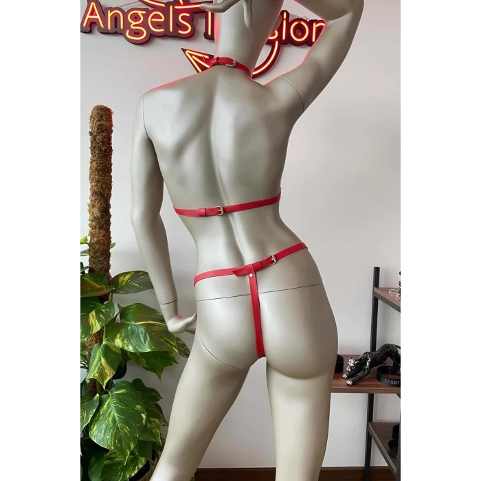 Kırmızı Deri Sütyen Takım Deri İç Giyim