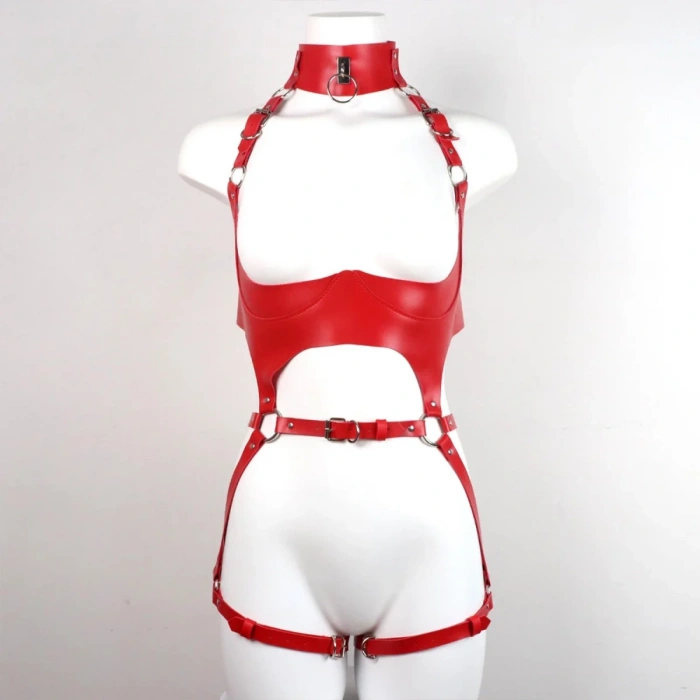 Kırmızı Deri Tam Vücut Harness Takımı