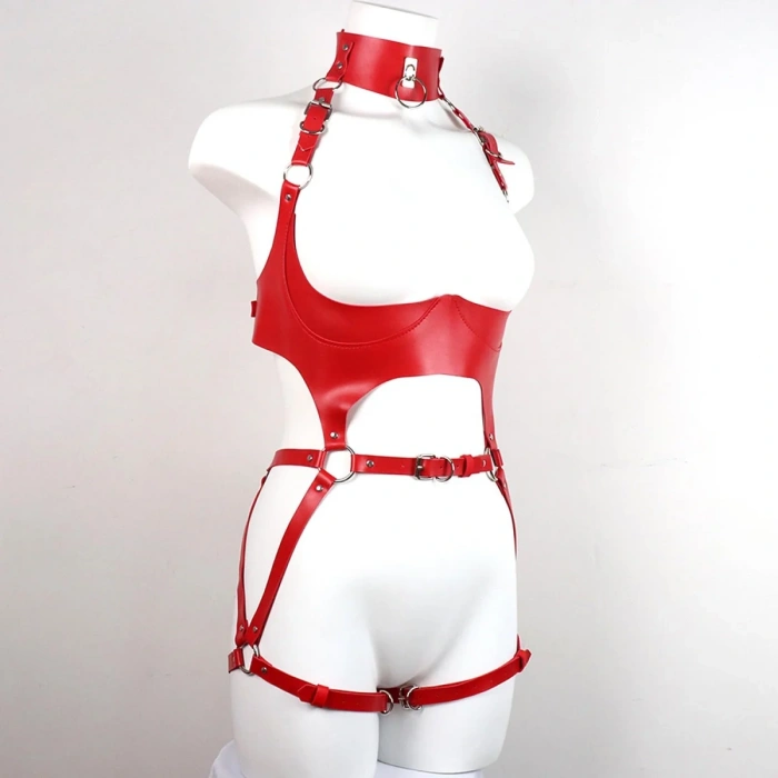 Kırmızı Deri Tam Vücut Harness Takımı