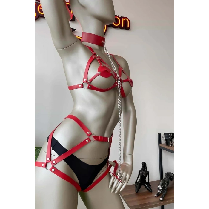 Kırmızı Deri Tasma Detaylı Şık Harness Takım