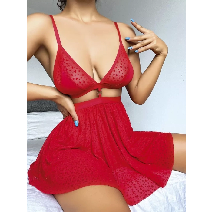 Kırmızı Desenli Mini Etekli Sütyen Takımı