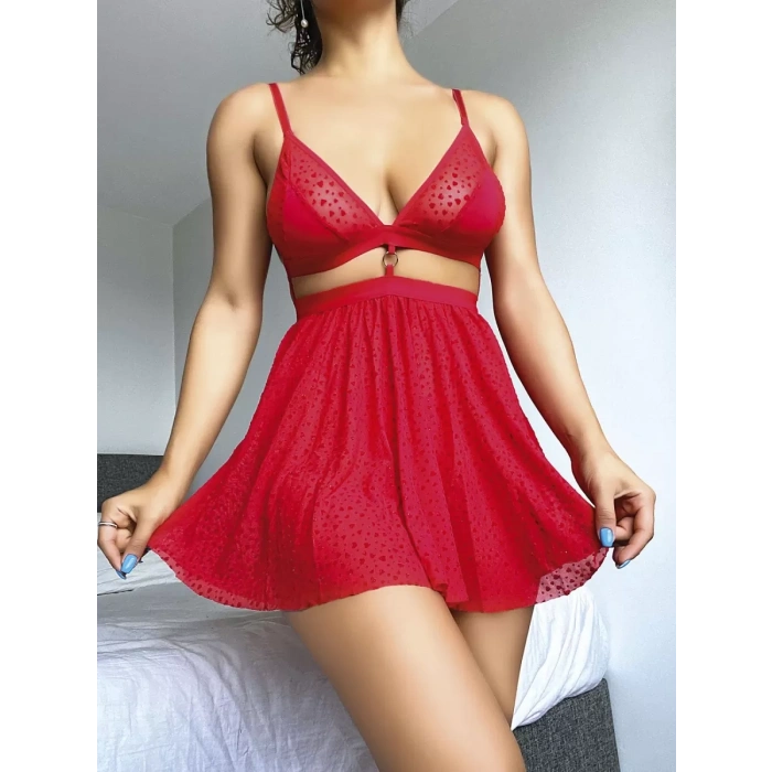 Kırmızı Desenli Mini Etekli Sütyen Takımı
