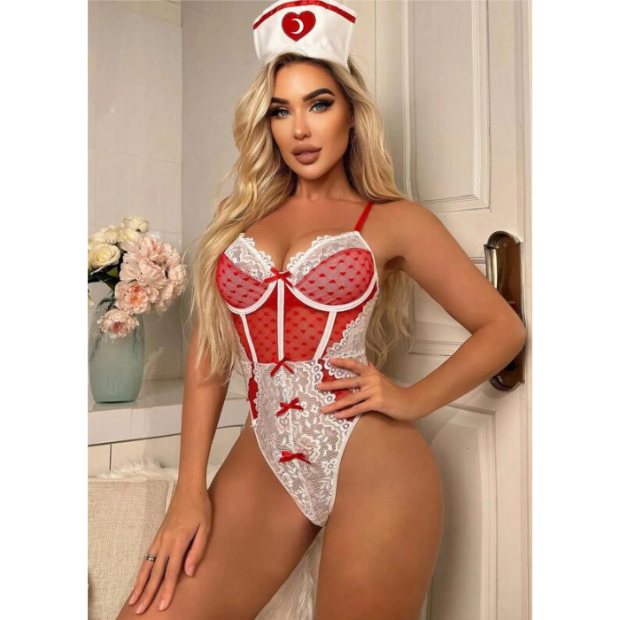 Kırmızı Fantezi Body Hemşire Kostümü