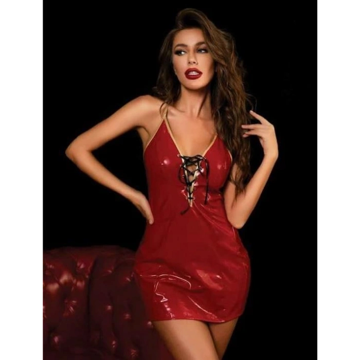 Kırmızı Göğüs Detay Fantezi Deri Elbise