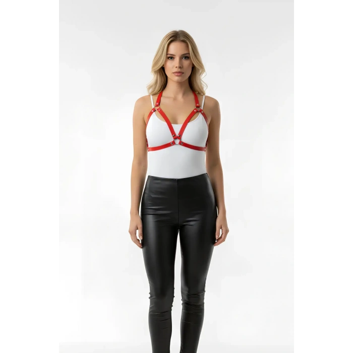 Kırmızı Göğüs Harness Suni Deri Zımba Detaylı - Brf25