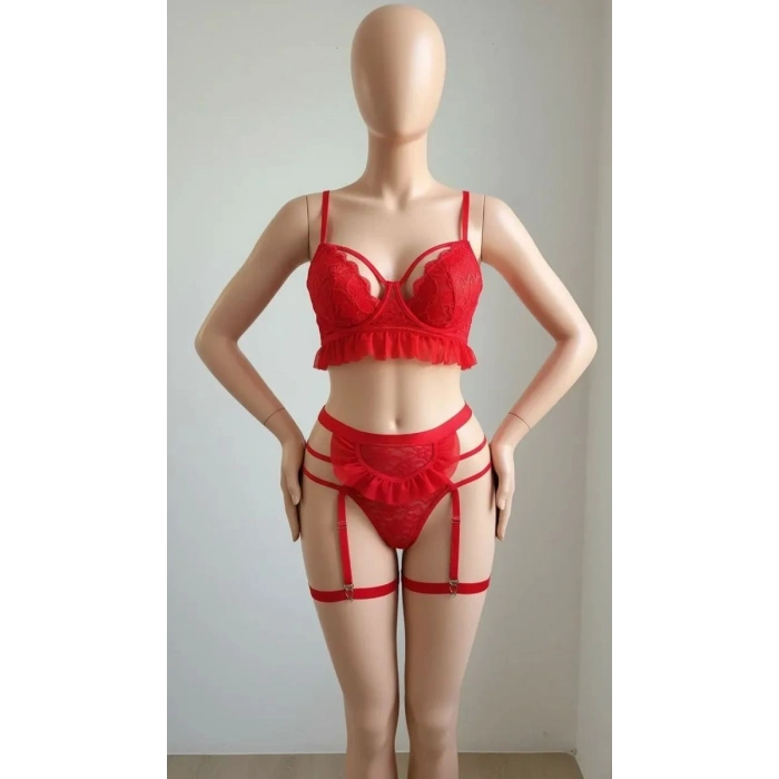 Kırmızı Hizmetçi Kostüm Bacak Bantlı Gecelik Takım Kadın İç Giyim