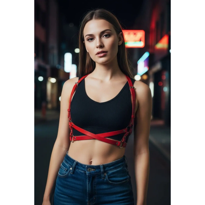 Kırmızı Kadın Kemer Deri Çapraz Halkalı Gövde Aksesuarı - Brf204