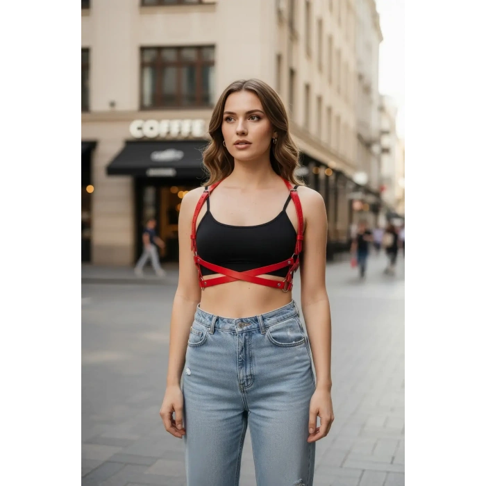 Kırmızı Kadın Kemer Deri Çapraz Halkalı Gövde Aksesuarı - Brf204