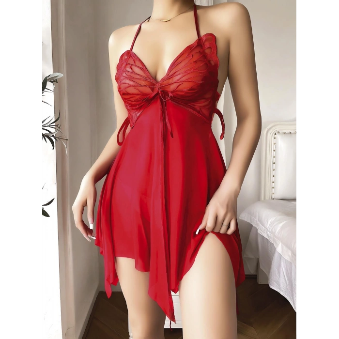 Kırmızı Kelebek İşlemeli Tül Fantezi Gecelik