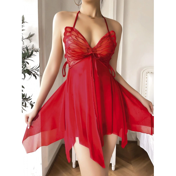 Kırmızı Kelebek İşlemeli Tül Fantezi Gecelik