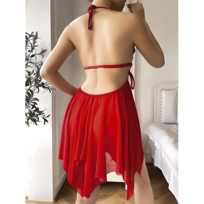 Kırmızı Kelebek İşlemeli Tül Fantezi Gecelik