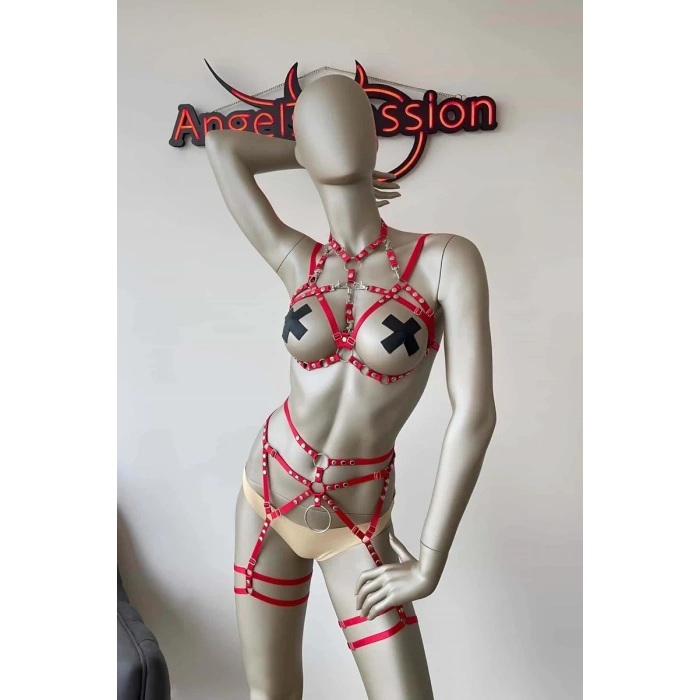 Kırmızı Seksi Elastik Jartiyer Harness Takım