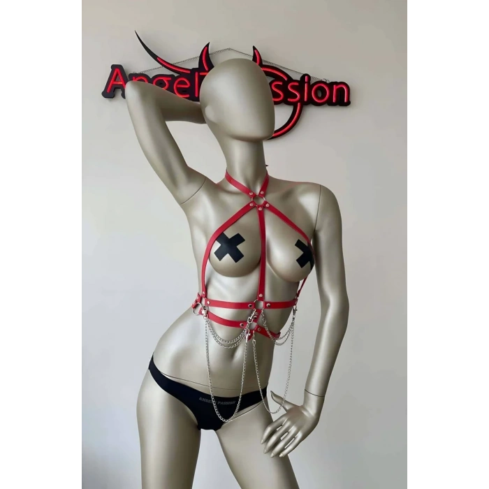 Kırmızı ve Zincir Detaylı Şık Deri Harness - APFT3